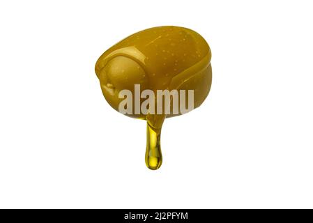 olive avec goutte d'huile d'olive extra vierge, huile d'olives pressées, isolée sur blanc, chemin de coupure Banque D'Images