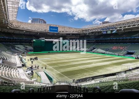 Sao Paulo, Brazil. 03rd Apr, 2022. SP - Sao Paulo - 03/04/2022 - PAULISTA  2022 FINAL, PALMEIRAS X SAO PAULO - Raphael Veiga jogador do Palmeiras  comemora seu gol com Dudu jogador