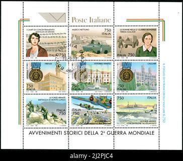 ITALIE - VERS 1995: Un bloc de timbres postaux imprimé en Italie, montrant les événements historiques de la Seconde Guerre mondiale, vers 1995 Banque D'Images