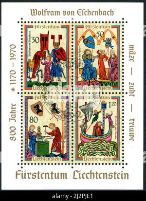 LIECHTENSTEIN - VERS 1970 : bloc de timbres postaux imprimé au Liechtenstein, montrant des minnesangs médiévaux, vers 1970 Banque D'Images