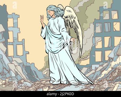 Un ange au milieu des ruines d'une ville en feu. La guerre est la mort de civils. Crise humanitaire. Pop Art Retro Vector Illustration 50s 6 Illustration de Vecteur