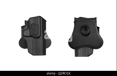 Étui en plastique pour pistolet. Accessoire pour le transport pratique et dissimulé d'armes. Vue de tous les côtés. Isoler sur un fond blanc. Banque D'Images