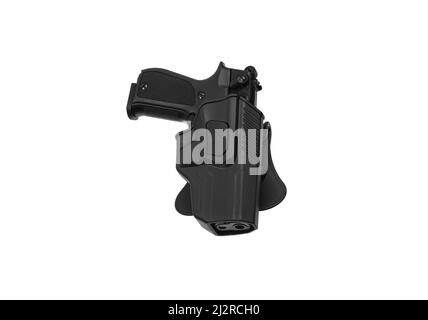 Étui en plastique pour pistolet. Accessoire pour le transport pratique et dissimulé d'armes. Vue de tous les côtés. Isoler sur un fond blanc. Banque D'Images