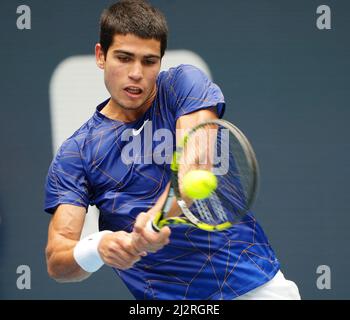 Miami Gardens, Floride, États-Unis. Avril 3 - Miami Gardens: Carlos Alcaraz(ESP) en action ici, joue Casper Ruud(NOR) pendant les finales de l'ouverture de Miami 2022. Crédit: Andrew Patron/MediaPunch crédit: MediaPunch Inc/Alay Live News Banque D'Images