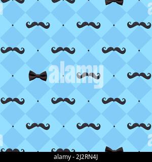 moustache sans couture et noeud sur fond bleu pour la fête des pères. Banque D'Images