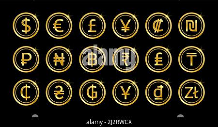 Symboles et icônes de la monnaie mondiale dorée. Illustration vectorielle. Illustration de Vecteur