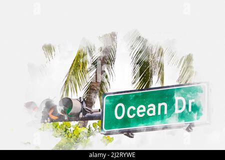 Illustration aquarelle du panneau de rue Ocean Drive dans le quartier Art Deco du sud de Miami aux États-Unis Banque D'Images