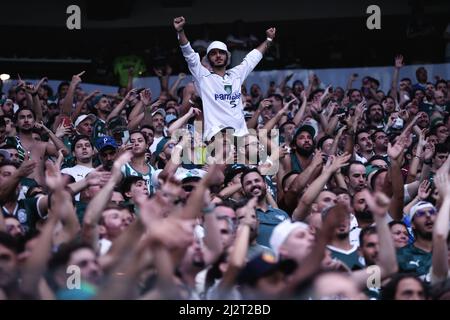 Sao Paulo, Brazil. 03rd Apr, 2022. SP - Sao Paulo - 03/04/2022 - PAULISTA  2022 FINAL, PALMEIRAS X SAO PAULO - Raphael Veiga jogador do Palmeiras  comemora seu gol com Dudu jogador