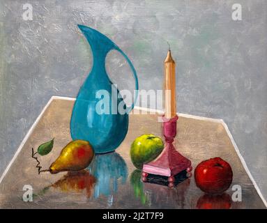 Huile de vie vintage colorée peinture avec un pot d'eau, une poire, des pommes, et une bougie. Banque D'Images