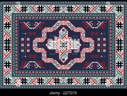 Moquette vintage lumineuse dans les tons bleus avec des motifs rouges, bleus et noirs sur les bordures et un ornement gris au centre sur un fond noir Illustration de Vecteur