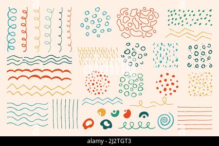 Ensemble de grunge à pois et motif abstrait. Pinceau la texture dessinée à la main courbes ligne, taches, gouttes peintes, rayures et cercles. Éléments de design artistique tendance forme naturelle, scribble cachet vecteur Illustration de Vecteur