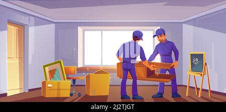 Passer au nouveau concept de maison. Les chargeurs apportent des meubles et des boîtes dans la salle. La maison avec des contenants en carton pleins de choses de ménage et de choses pour les enfants. Carto Illustration de Vecteur