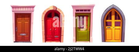 Portes avant voûtantes en bois avec porte en pierre isolée sur fond blanc. Ensemble de dessins animés vectoriels d'entrée de maison, rouge, vert et jaune portes fermées avec Illustration de Vecteur