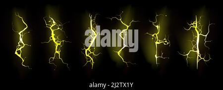 Jeu de foudre jaune, coup d'éclair électrique pendant la tempête de nuit. Décharge électrique puissante, impact, fissure, flash d'énergie magique. 3D boulons vectoriels réalistes isolés sur fond noir Illustration de Vecteur