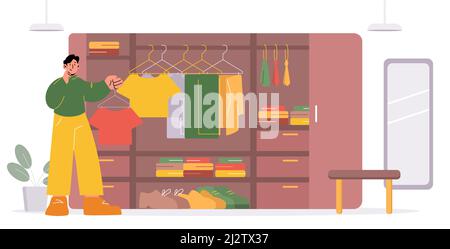 Homme choisit un t-shirt dans une garde-robe. Illustration vectorielle à plat d'un vestiaire avec vêtements, attaches et chaussures pour hommes dans une armoire, des cintres et un miroir. Personne dans le dressing avec armoire ouverte Illustration de Vecteur