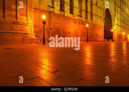 Cathédrale et place illuminées de la vieille ville. Catedral de Mallorca dans la nuit. Rue médiévale avec lumière de rue Banque D'Images