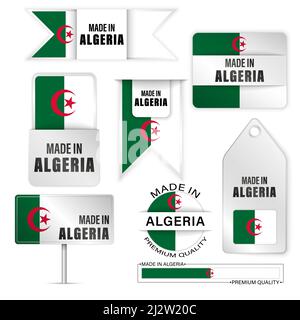 Jeu de logos et d'étiquettes fabriqués en Algérie. Certains éléments d'impact pour l'utilisation que vous voulez en faire. Illustration de Vecteur