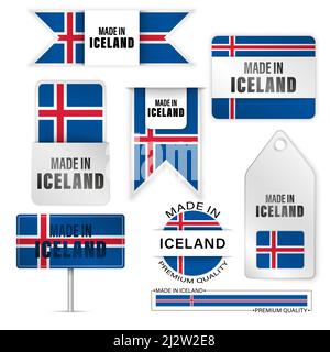 Ensemble de motifs et d'étiquettes fabriqués en Islande. Certains éléments d'impact pour l'utilisation que vous voulez en faire. Illustration de Vecteur