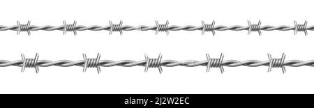 Jeu de barbelés en acier, fil torsadé avec barbelés isolés sur fond blanc. Vecteur réaliste sans couture cadre de chaîne métallique avec épines acérées pour la prison Illustration de Vecteur