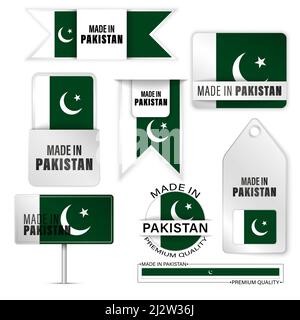 Ensemble de motifs et d'étiquettes fabriqués au Pakistan. Certains éléments d'impact pour l'utilisation que vous voulez en faire. Illustration de Vecteur