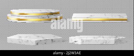 Socles ou podiums en marbre avec cadres et décor dorés, bordures rondes et carrées sur des scènes vides géométriques, présentoirs en pierre pour la présentation des produits Illustration de Vecteur