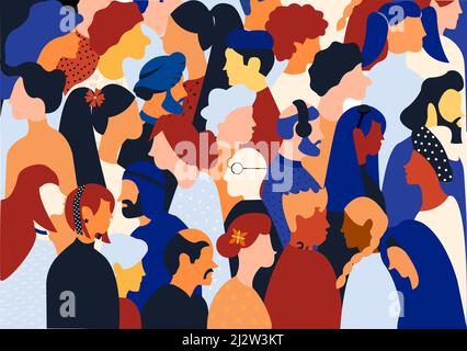 Illustration plate d'une foule comprenant des personnes inclusives et diversifiées, toutes ensemble sans aucune différence. Illustration de Vecteur