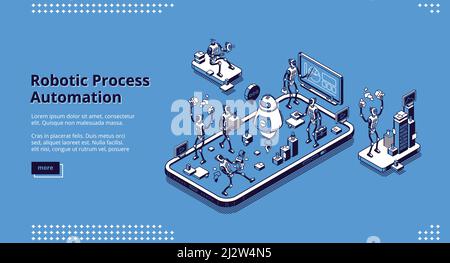 Bannière d'automatisation de processus robotisé. Technologies d'innovation de l'intelligence artificielle dans le travail d'entreprise. Page de renvoi vectorielle avec un rapport d'illustration isométrique Illustration de Vecteur