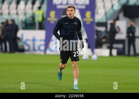 TURIN, ITALIE - 03 AVRIL 2022. Nicolò Barella du FC Internazionale Milano lors du match entre Juventus FC et FC Internazionale Milano le 03 avril 2022 au stade Allianz de Turin, Italie. Crédit: Massimiliano Ferraro/Medialys Images/Alay Live News Banque D'Images