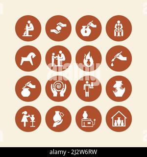 Un grand ensemble d'icônes sur le thème de la poterie. Vases divers, potiers, figurines, amofras. Illustration de Vecteur