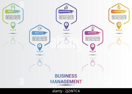 Infographie icônes de gestion d'entreprise illustration vectorielle. 5 modèle d'informations de pas de tests de couleur avec texte modifiable. Illustration de Vecteur