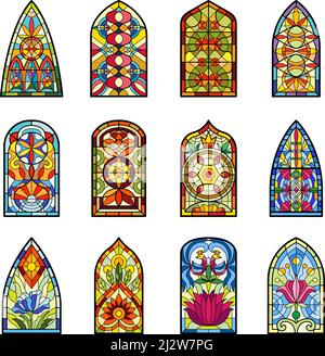 Vitrail. Fenêtres colorées décoratives de bâtiments d'église d'époque modèles médiévaux de vitraux avec formes géométriques vecteur récent Illustration de Vecteur