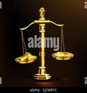 Barres d'or sur balances, poids d'or réalistes avec blocs de lingots de métaux précieux. Équilibre monétaire, investissement, concept de système bancaire. Finances balance iso Illustration de Vecteur