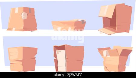 Boîtes endommagées. Problème de livraison de produits cassé en mouvement carton sale conteneurs garish vecteur dessins animés ensemble Illustration de Vecteur