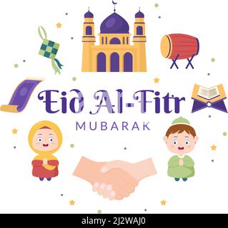 Happy Eid ul-Fitr Mubarak Cartoon Illustration de fond avec des photos de mosquées, Ketupas, Bedug, et d'autres approprié pour des affiches Illustration de Vecteur