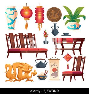 Restaurant chinois Stuff ensemble isolé. Décor traditionnel de café asiatique, lanterne rouge, table et chaises en bois, vase et pièce de monnaie avec dragon, riz dans bol avec humour Illustration de Vecteur