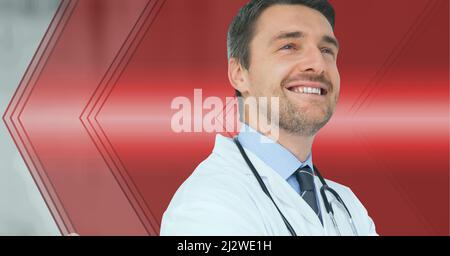 Composition d'un médecin souriant en blouse de laboratoire et stéthoscope avec espace de copie Banque D'Images