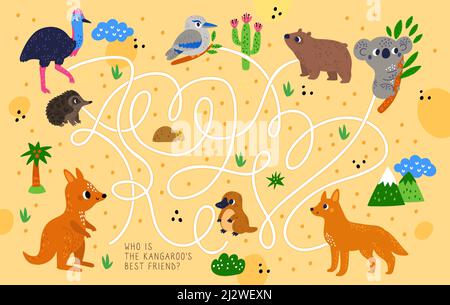 Dessins animés animaux australiens. Labyrinthe de faune exotique. Jeu éducatif pour enfants. Puzzle amusant pour enfants avec des créatures drôles. Autruche ou platypus. Kangourou Illustration de Vecteur