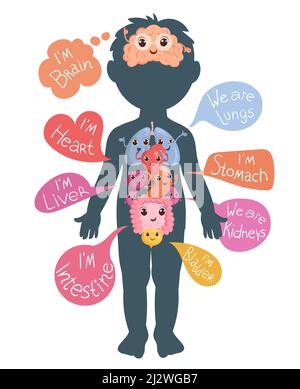 Organes internes du corps enfantin. Anatomie humaine. Affiche éducative avec des personnages drôles. Infographies médicales. Cœur et poumons avec bulles de la parole Illustration de Vecteur