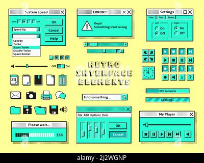 Anciens éléments pc. 1990s technologie, console d'interface graphique. Vintage Internet bar style, rétro 80s tendance geek web fenêtre ranger vecteur Illustration de Vecteur