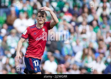 Ante Budimir d'Osasuna célèbre un but lors du championnat espagnol la Liga football match entre Real Betis et CA Osasuna le 3 avril 2022 au stade Benito Villamarin à Séville, Espagne - photo: Joaquin Corchero/DPPI/LiveMedia Banque D'Images