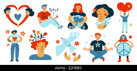 Des gens paisibles. Hommes et femmes avec des signes de paix. Caractères masculins ou féminins et symboles de pacifisme. Colombe volant. Aimez les coeurs et les fleurs. Arrêter la guerre Illustration de Vecteur
