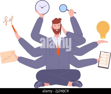 Homme d'affaires multitâche. Travailleur efficace travaillant activement avec des tâches de foule, entrepreneur intelligent et rapide, directeur de bureau multi-compétence méditant, illustration vectorielle. Gestion multitâche Illustration de Vecteur