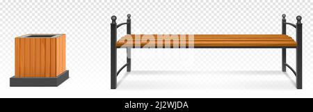 Banc de parc en bois et bac à litière, siège extérieur en bois avec pieds et accoudoirs en métal forgé et poubelle. Meubles de jardin ou de trottoir de ville isola Illustration de Vecteur