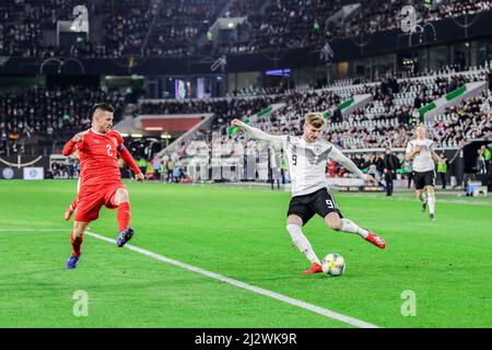 Wolfsburg, Allemagne, 20 mars 2019: Le footballeur Timo Werner (GER) joue le ballon lors du match international de football entre l'Allemagne et la Serbie Banque D'Images