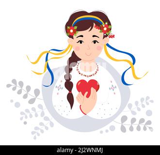 Jolie fille ukrainienne avec une longue tresse, en vêtements brodés traditionnels et couronne de fleurs avec rubans jaunes et bleus. Couleur du drapeau ukrainien. En ha Illustration de Vecteur