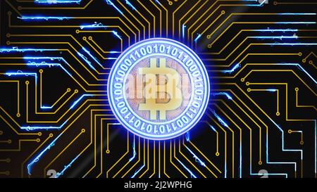 Une pièce en bitcoin dorée clignote avec une lumière bleue sur une carte de circuit imprimé. 3d rendu. Banque D'Images