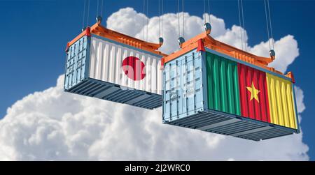 Conteneurs de marchandises avec drapeaux nationaux du Japon et du Cameroun. 3D rendu Banque D'Images