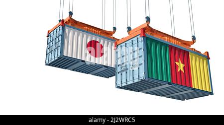 Conteneurs de marchandises avec drapeaux nationaux du Japon et du Cameroun. 3D rendu Banque D'Images