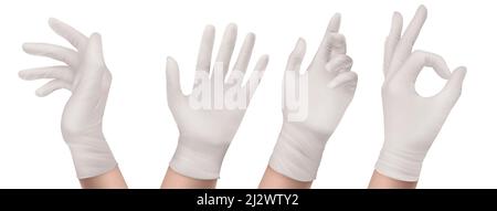 Gants en nitrile sur la vue avant et latérale de la main. Latex de caoutchouc blanc jetable équipement de protection individuelle pour les travailleurs de la santé ou de laboratoire, Palm gesturi Illustration de Vecteur