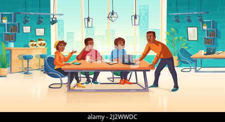 Les personnes dans le domaine de travail de collègue pensent des idées d'affaires ou de développer un projet d'art, le travail d'équipe, le concept de brainstorming. Équipe créative décontractée assise au bureau sur des fauteuils Illustration de Vecteur